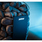 Harvia Spirit electric sauna heater filled with dark gray stones, metal grate visible, navy container on blue background