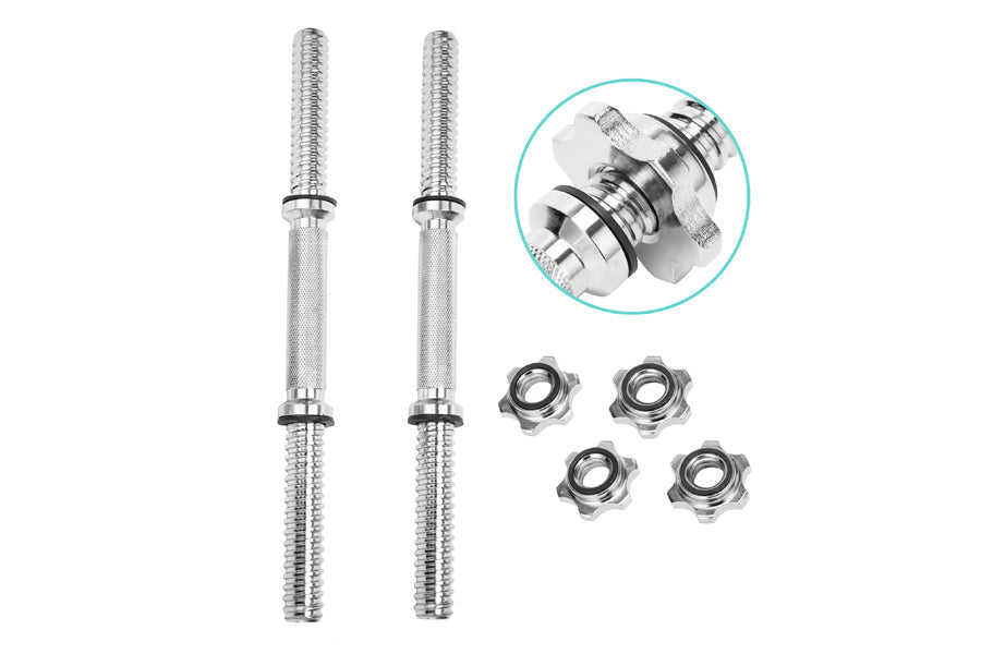 Warrior Hex Bolt Chrome Dumbbell Handles, pair of metal threaded bars with collar locks and hex nuts on white background