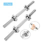 Pair of chrome dumbbell handles with threaded hex bolts and knurled grips, shown with close-up detail views on white backgrou