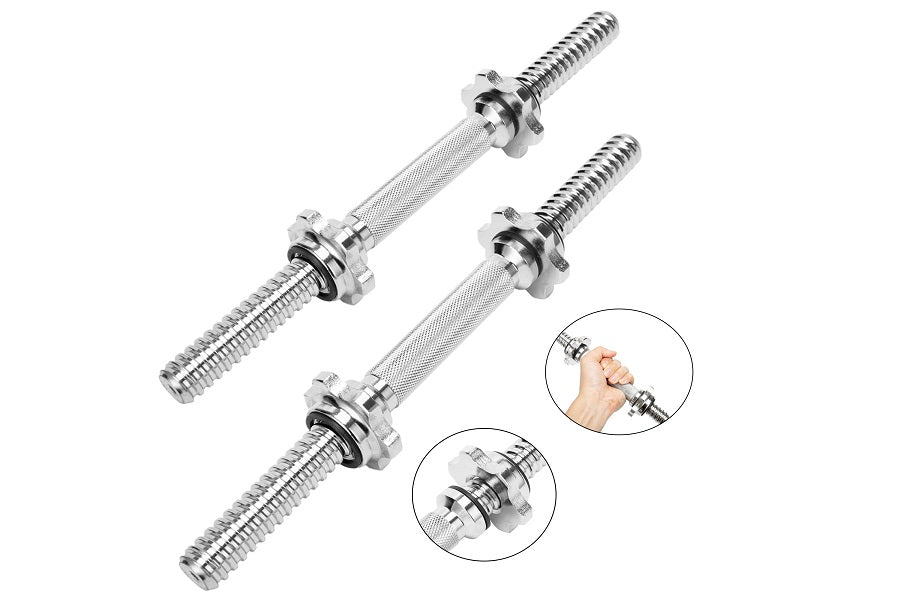 Warrior Hex Bolt Chrome Dumbbell Handles, pair of silver metal adjustable weight bars with threaded ends and hex collars, sho