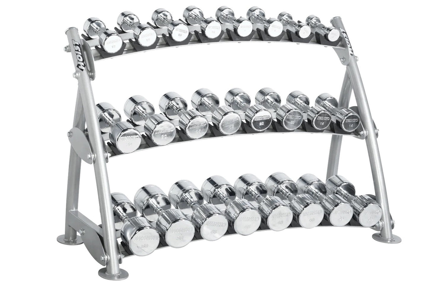 Three-tier chrome dumbbell rack with gray metal frame holding multiple pairs of silver dumbbells with white label plates