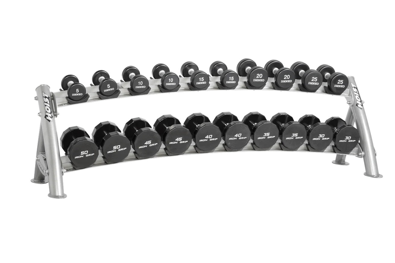 Hoist 2-tier horizontal dumbbell rack with silver frame holding black dumbbells ranging from 5 to 50 pounds, on white backgro