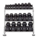 Four-tier horizontal dumbbell rack with silver metal frame holding black hexagonal dumbbells, on white background