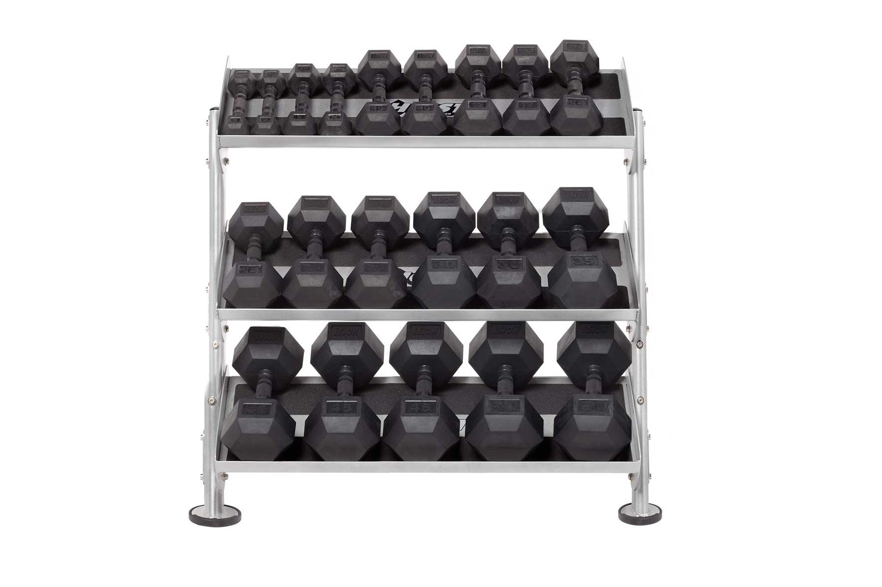 Four-tier horizontal dumbbell rack with silver metal frame holding black hexagonal dumbbells, on white background