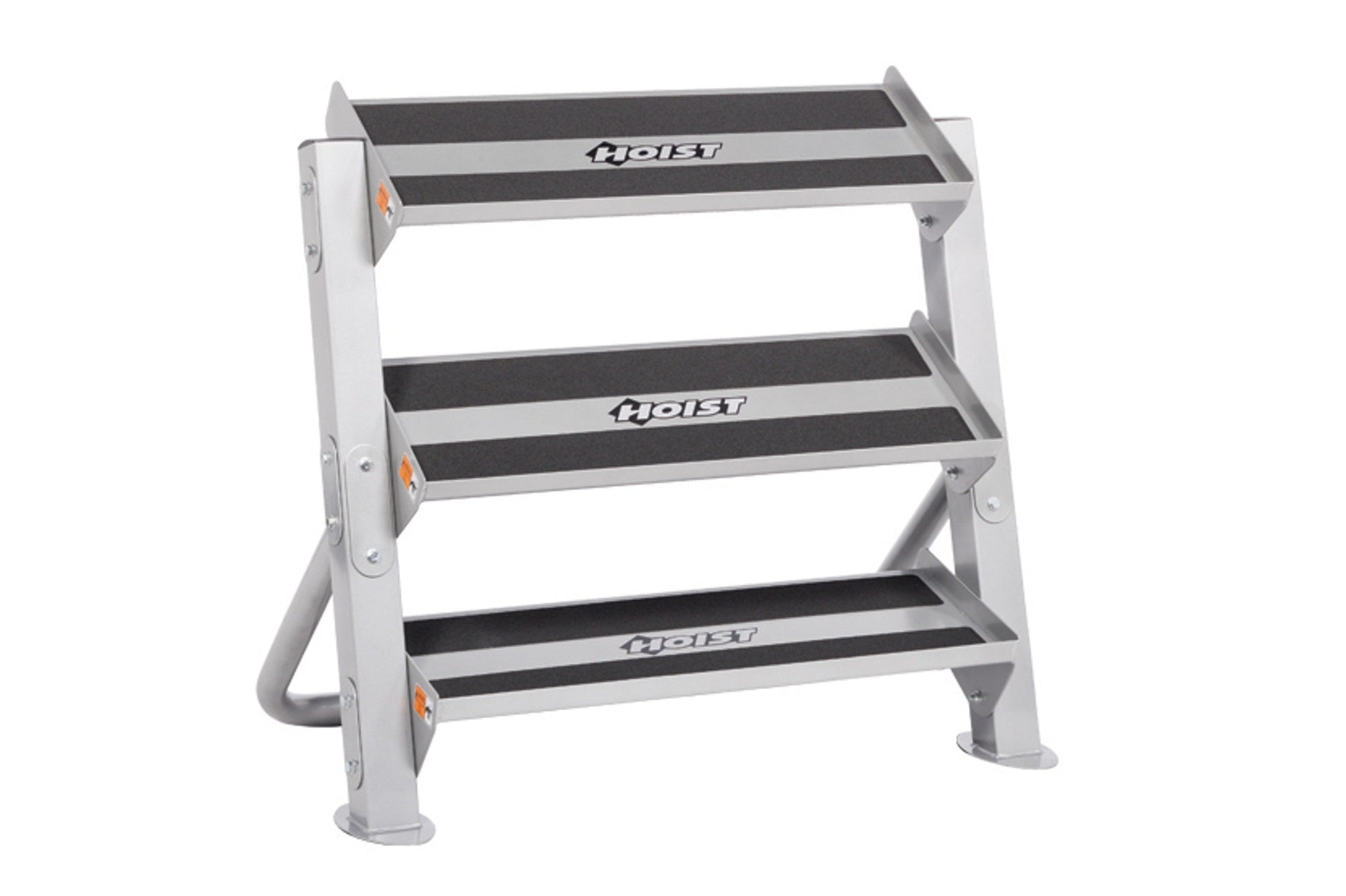 White and gray metal dumbbell rack with three horizontal shelves and black anti-slip surfaces, featuring Hoist branding and o