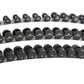 Three-tier horizontal dumbbell rack with silver metal frame holding black dumbbells ranging from 5 to 50 pounds, displayed on
