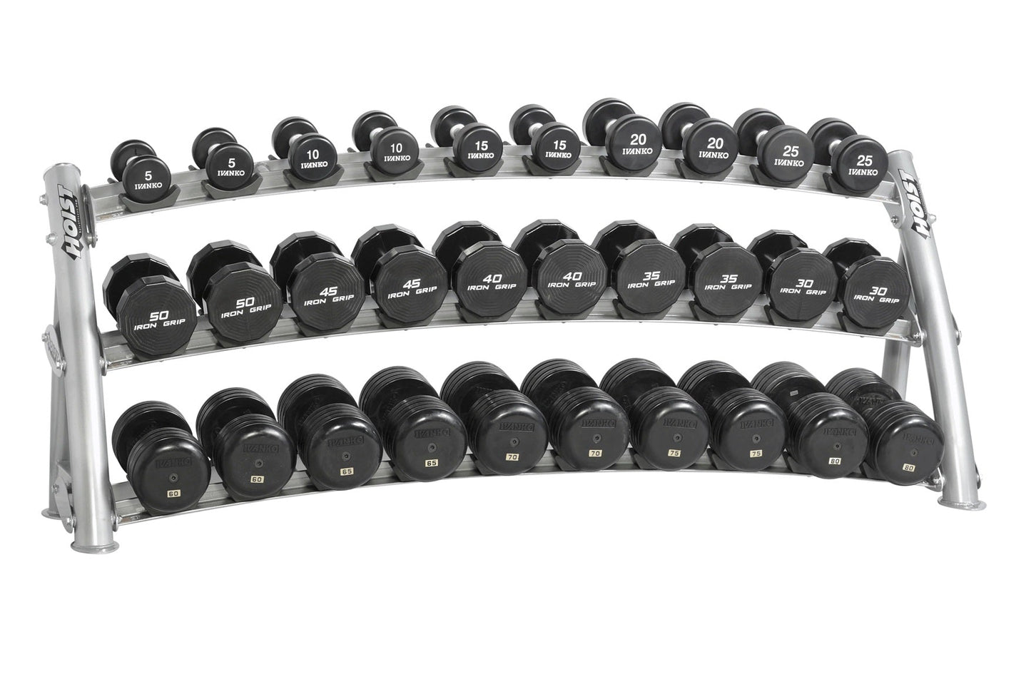 Three-tier horizontal dumbbell rack with silver metal frame holding black dumbbells ranging from 5 to 50 pounds, displayed on