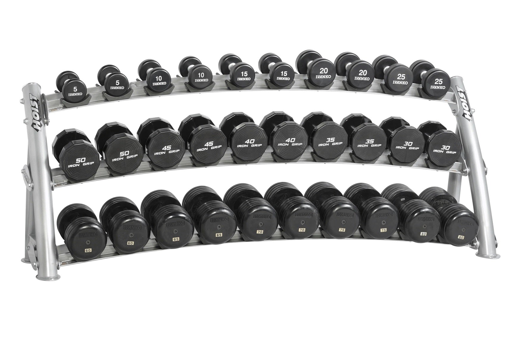 Three-tier horizontal dumbbell rack with silver metal frame holding black dumbbells ranging from 5 to 50 pounds, displayed on