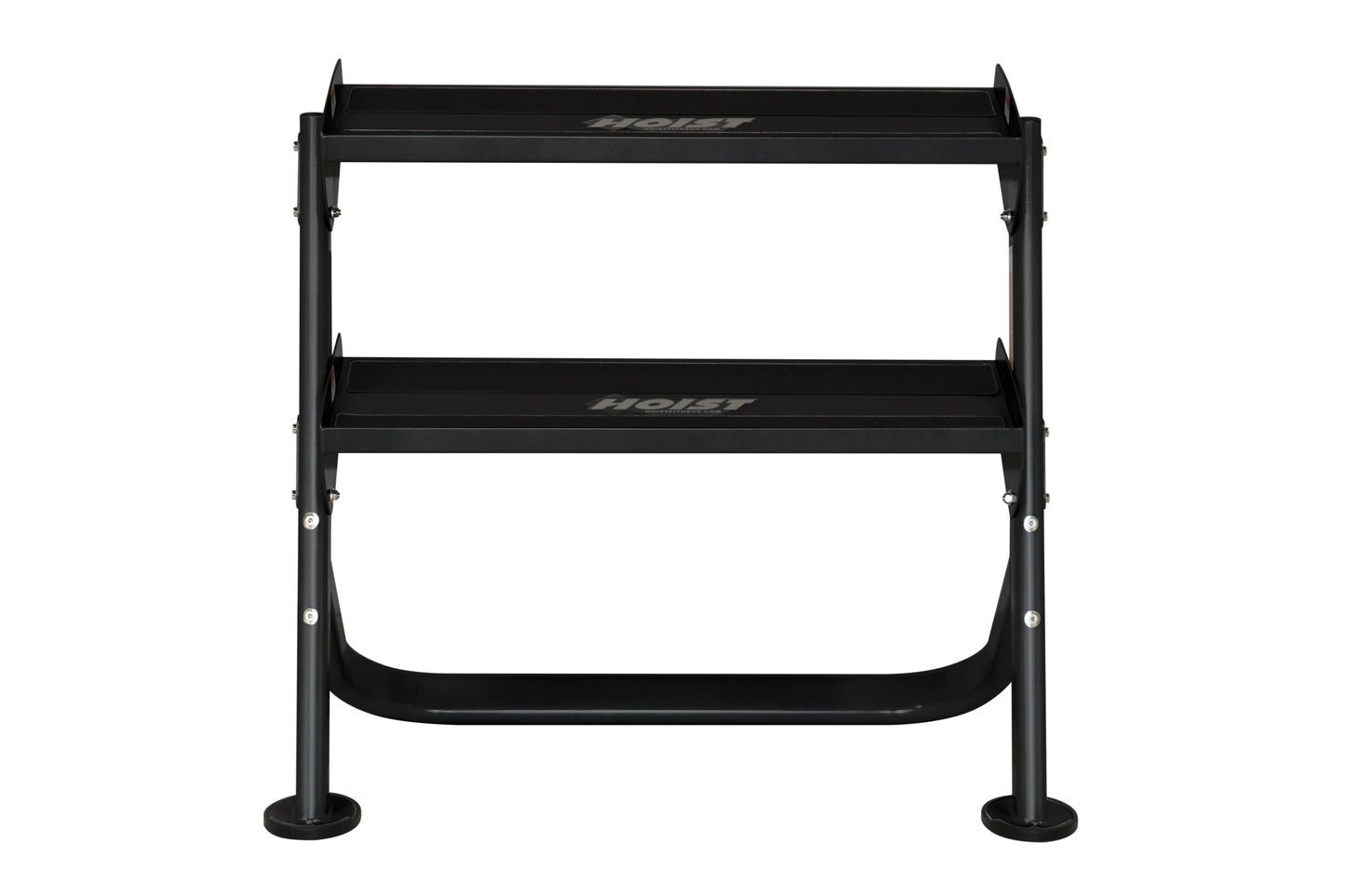 Black 2-tier horizontal dumbbell rack with curved base shelf and angled side supports, shown on white background