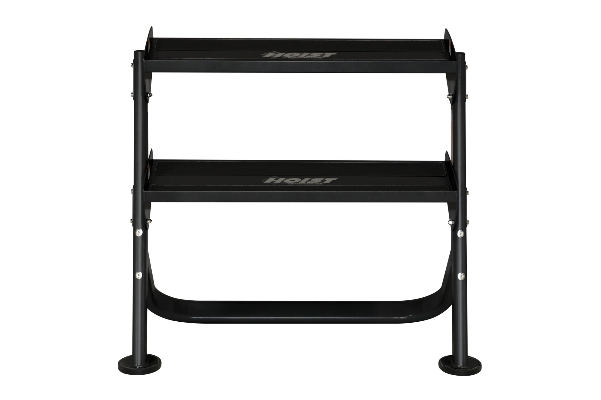 Black 2-tier horizontal dumbbell rack with curved base shelf and angled side supports, shown on white background