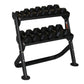 Two-tier black dumbbell rack with hexagonal weights, metal frame and rubber feet, on white background