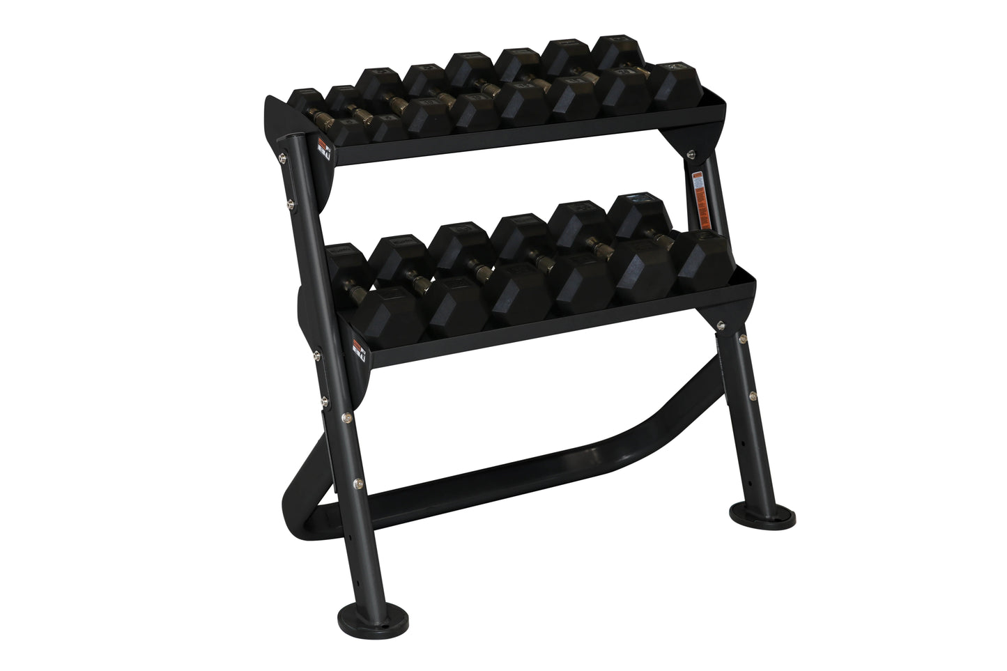 Two-tier black dumbbell rack with hexagonal weights, metal frame and rubber feet, on white background