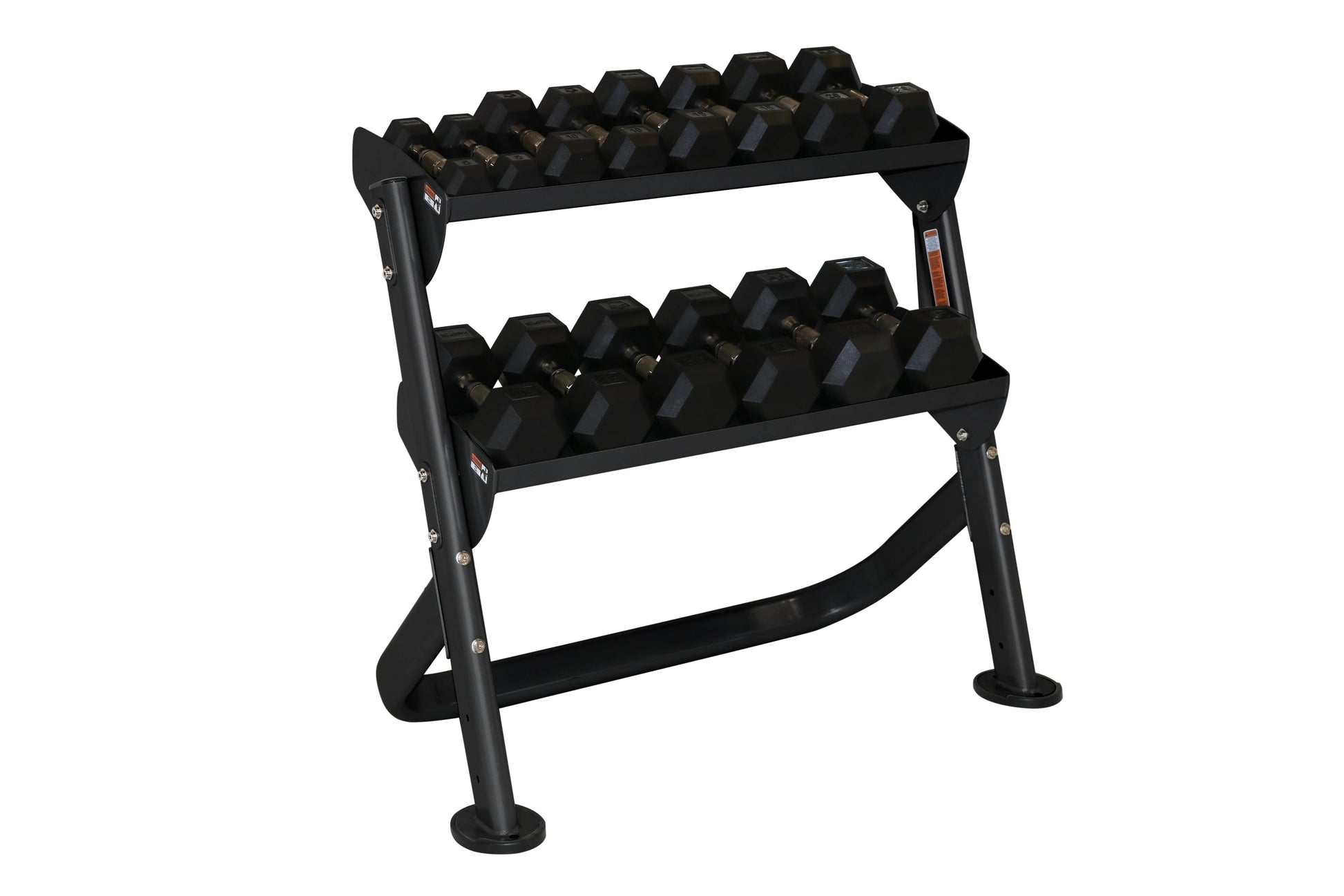 Two-tier black dumbbell rack with hexagonal weights, metal frame and rubber feet, on white background