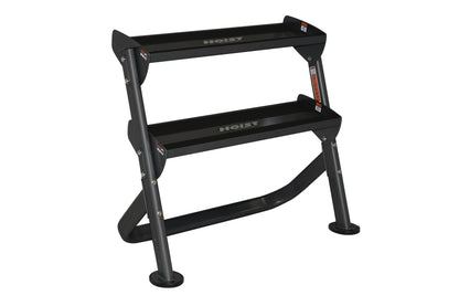 Black 2-tier horizontal dumbbell rack with angled legs, rubber feet, and metal supports on white background