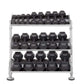 Four-tier dumbbell rack with silver metal frame holding black hexagonal dumbbells, viewed from front on white background