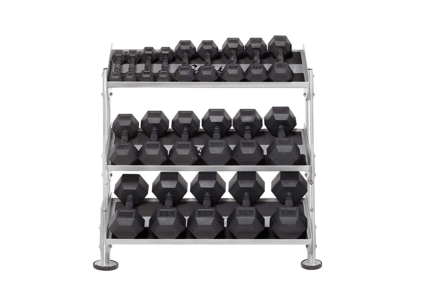 Four-tier dumbbell rack with silver metal frame holding black hexagonal dumbbells, viewed from front on white background