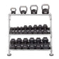 Hoist 36-inch horizontal dumbbell rack with silver steel frame holding black kettlebells and dumbbells on multiple tiers