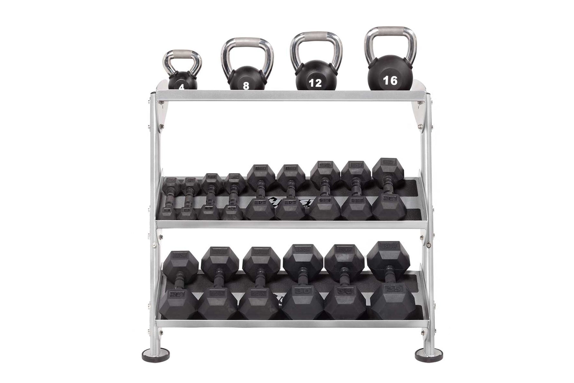 Hoist 36-inch horizontal dumbbell rack with silver steel frame holding black kettlebells and dumbbells on multiple tiers