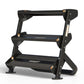 Black 2-tier dumbbell rack with horizontal shelves, metal frame, and orange safety labels on white background
