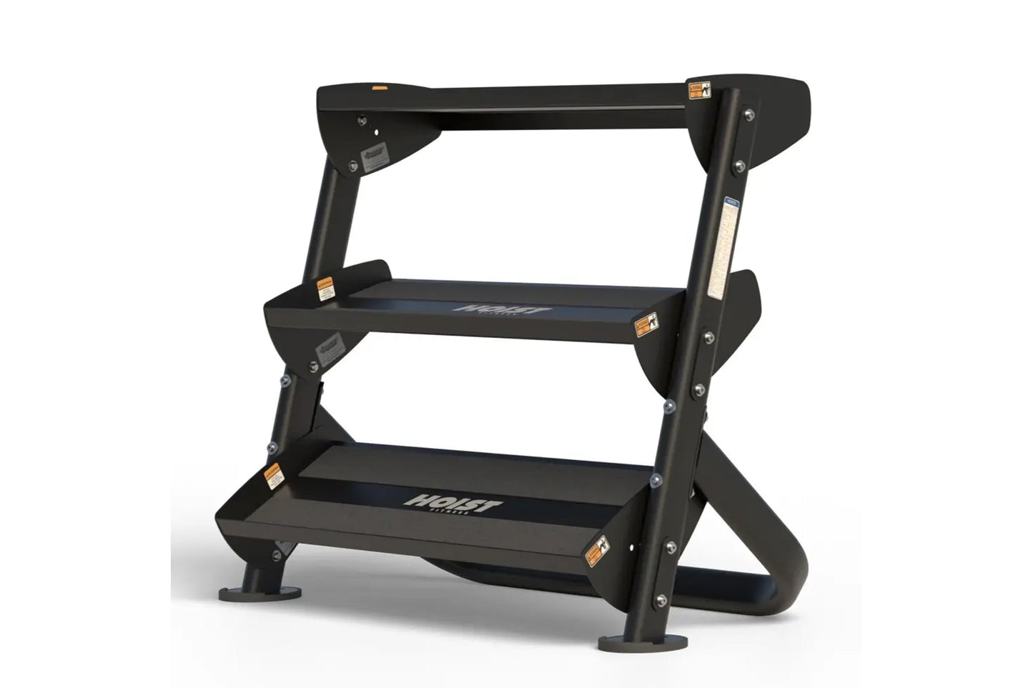 Black 2-tier dumbbell rack with horizontal shelves, metal frame, and orange safety labels on white background
