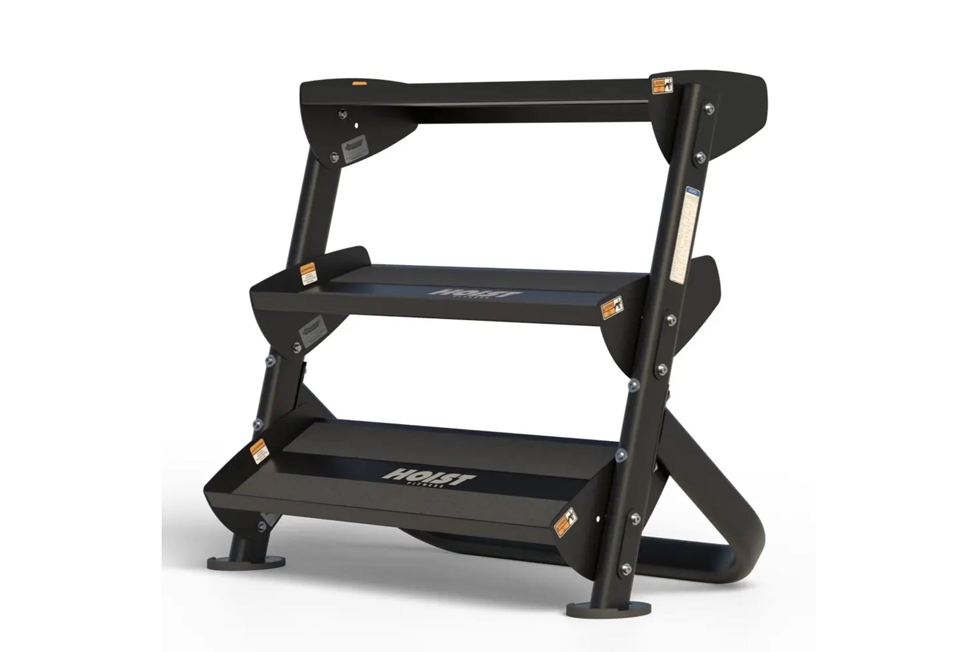 Black 2-tier dumbbell rack with horizontal shelves, metal frame, and orange safety labels on white background