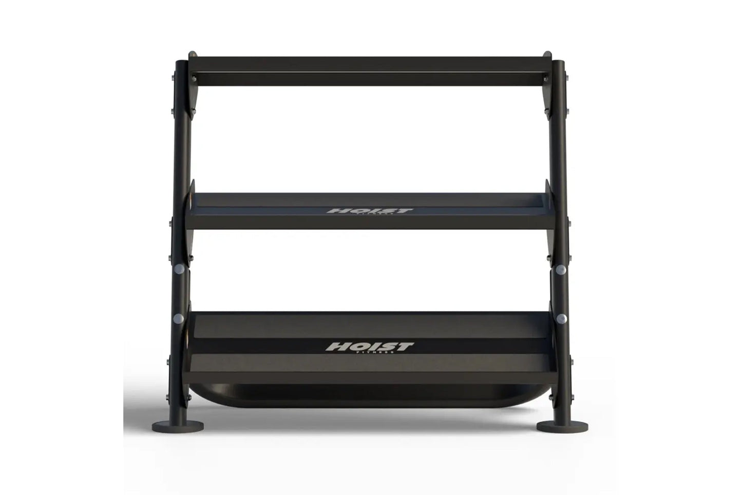 Black horizontal dumbbell rack with two tiers, adjustable uprights, and Hoist branding, shown on white background