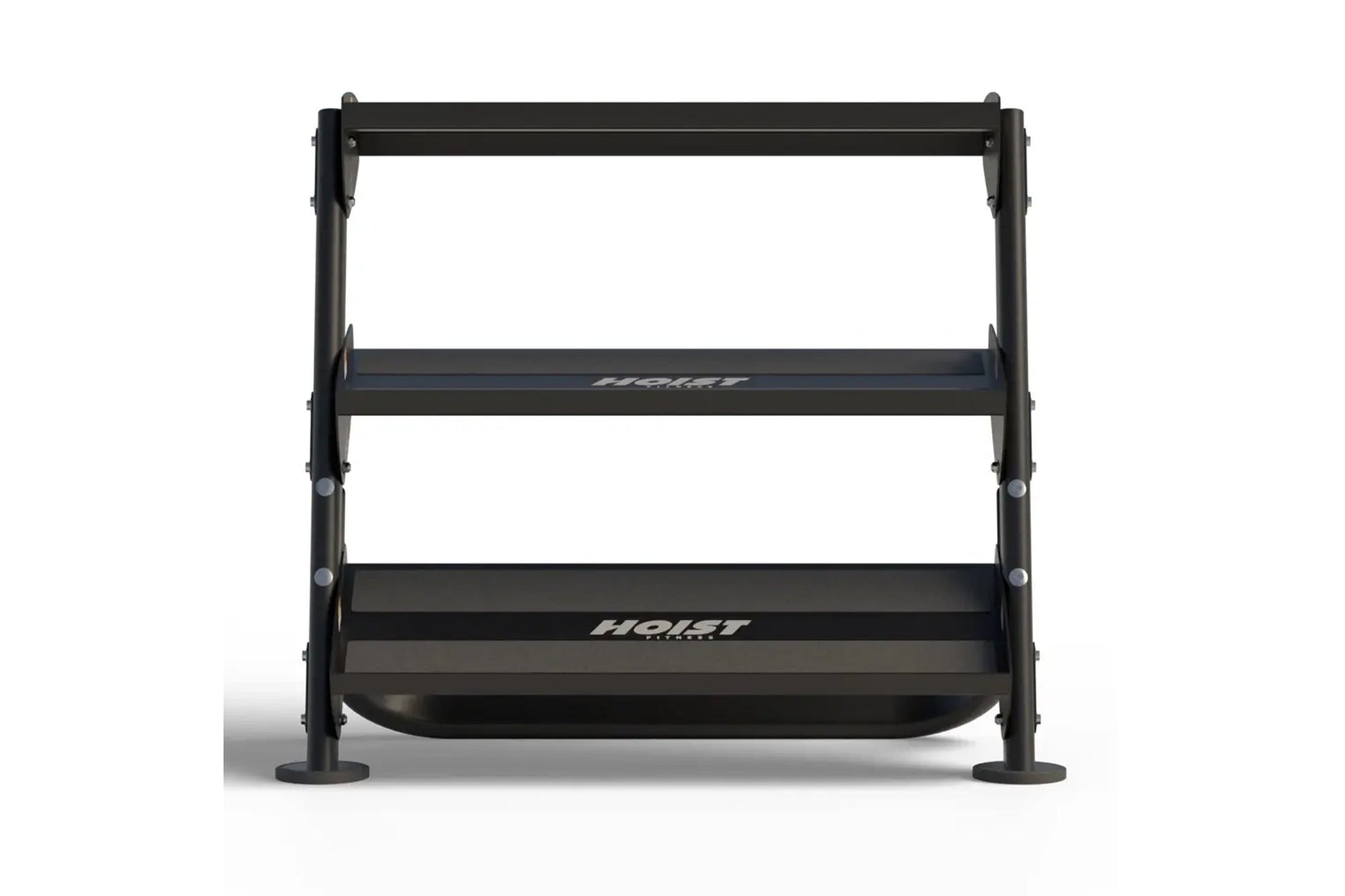 Black horizontal dumbbell rack with two tiers, adjustable uprights, and Hoist branding, shown on white background