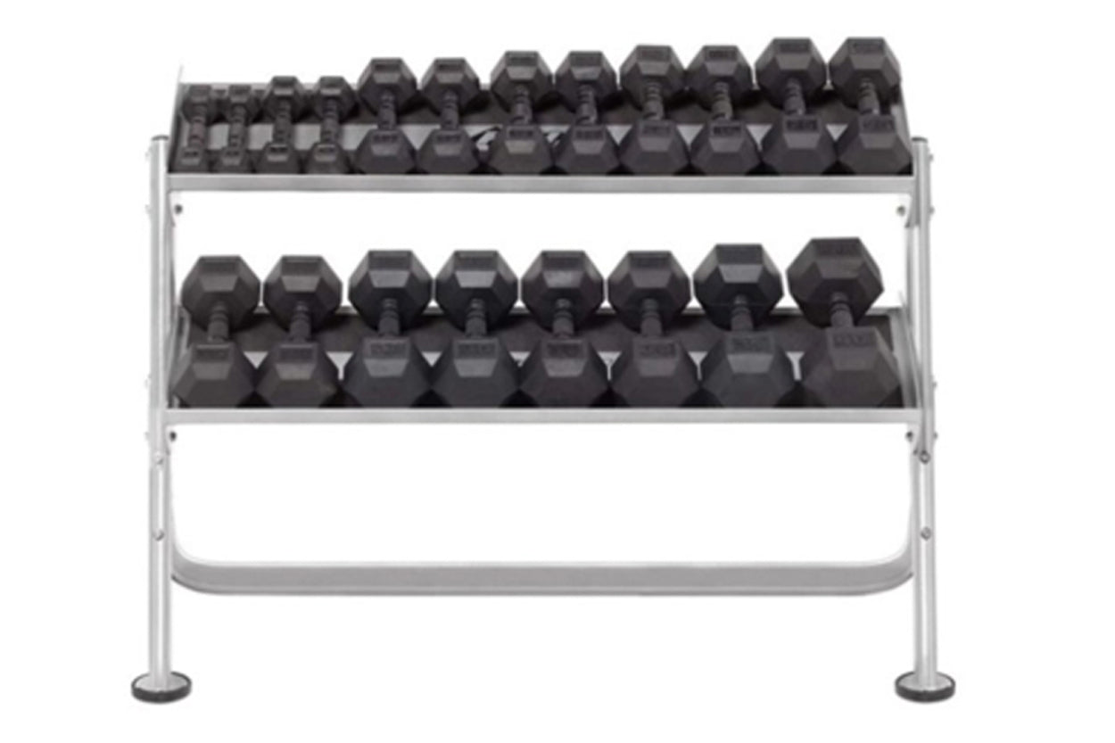Two-tier dumbbell rack with silver frame holding black hexagonal dumbbells, capacity for 12+ pairs, on white background