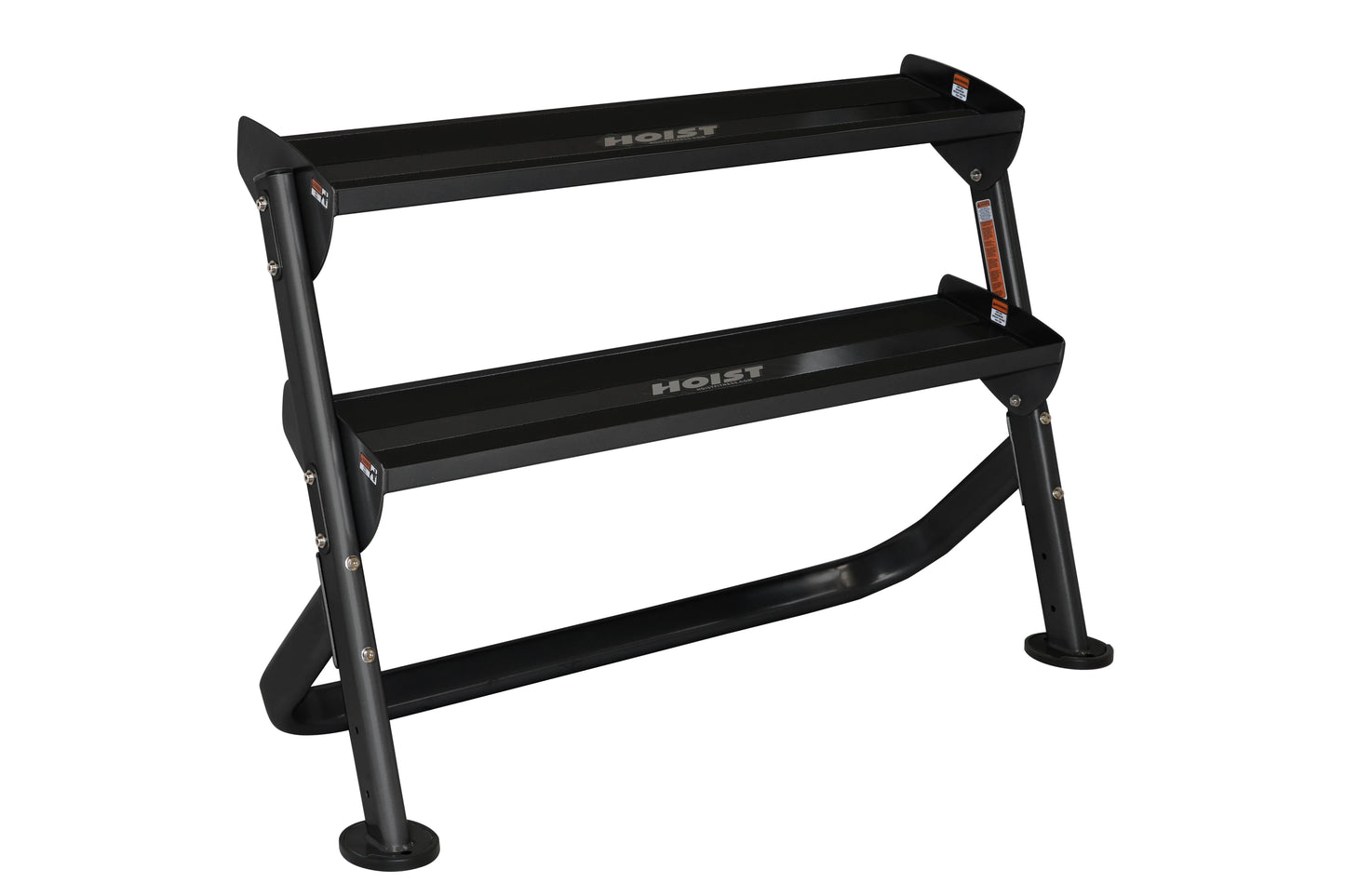Black 2-tier dumbbell rack with curved legs and rubber feet, holds up to 12+ pairs, on white background