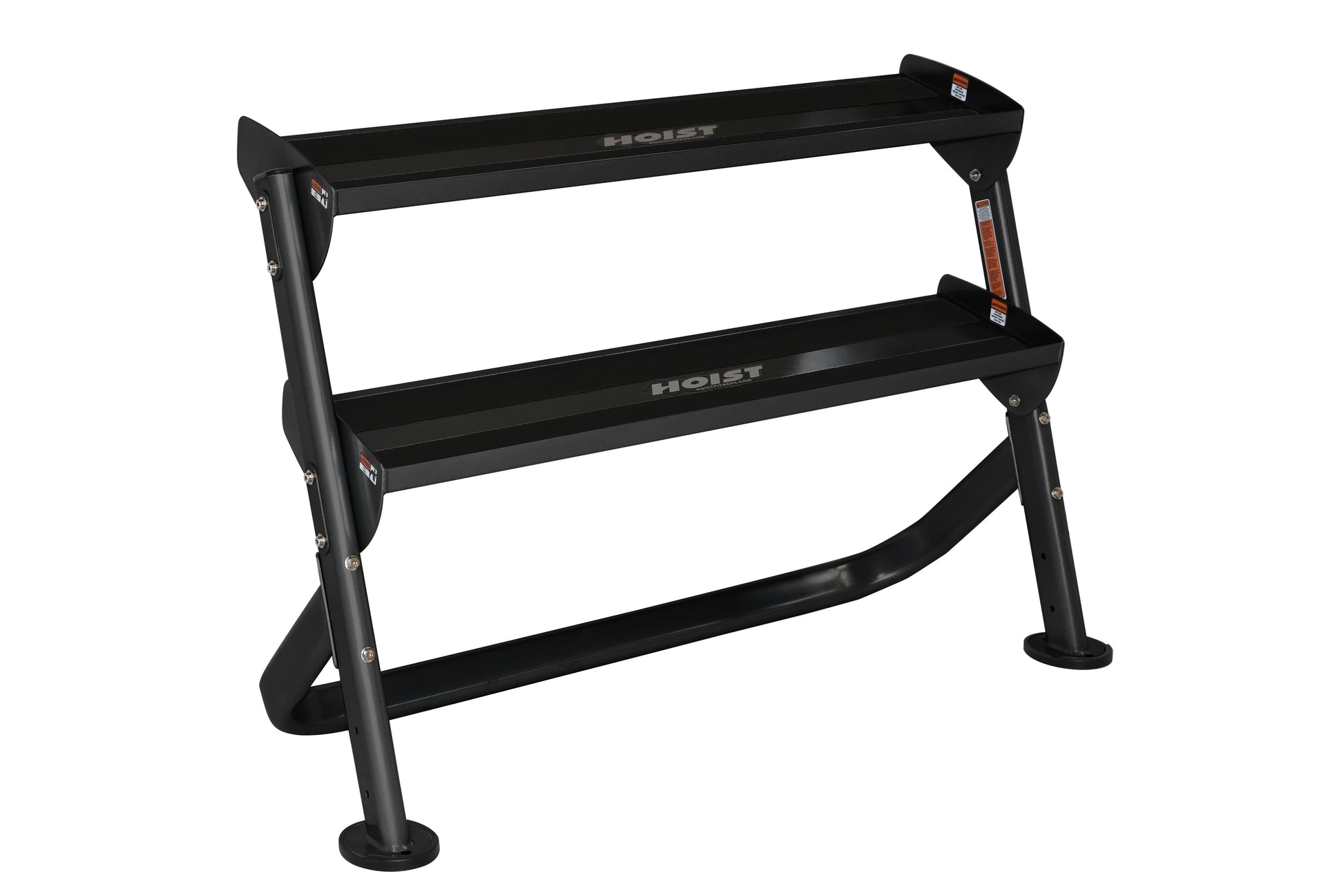 Black 2-tier dumbbell rack with curved legs and rubber feet, holds up to 12+ pairs, on white background