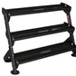 Black three-tier dumbbell rack with angled legs and rubber feet, designed to hold up to 12 pairs of dumbbells per tier, on wh