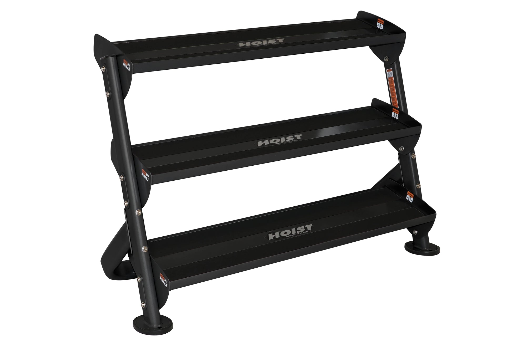 Black three-tier dumbbell rack with angled legs and rubber feet, designed to hold up to 12 pairs of dumbbells per tier, on wh