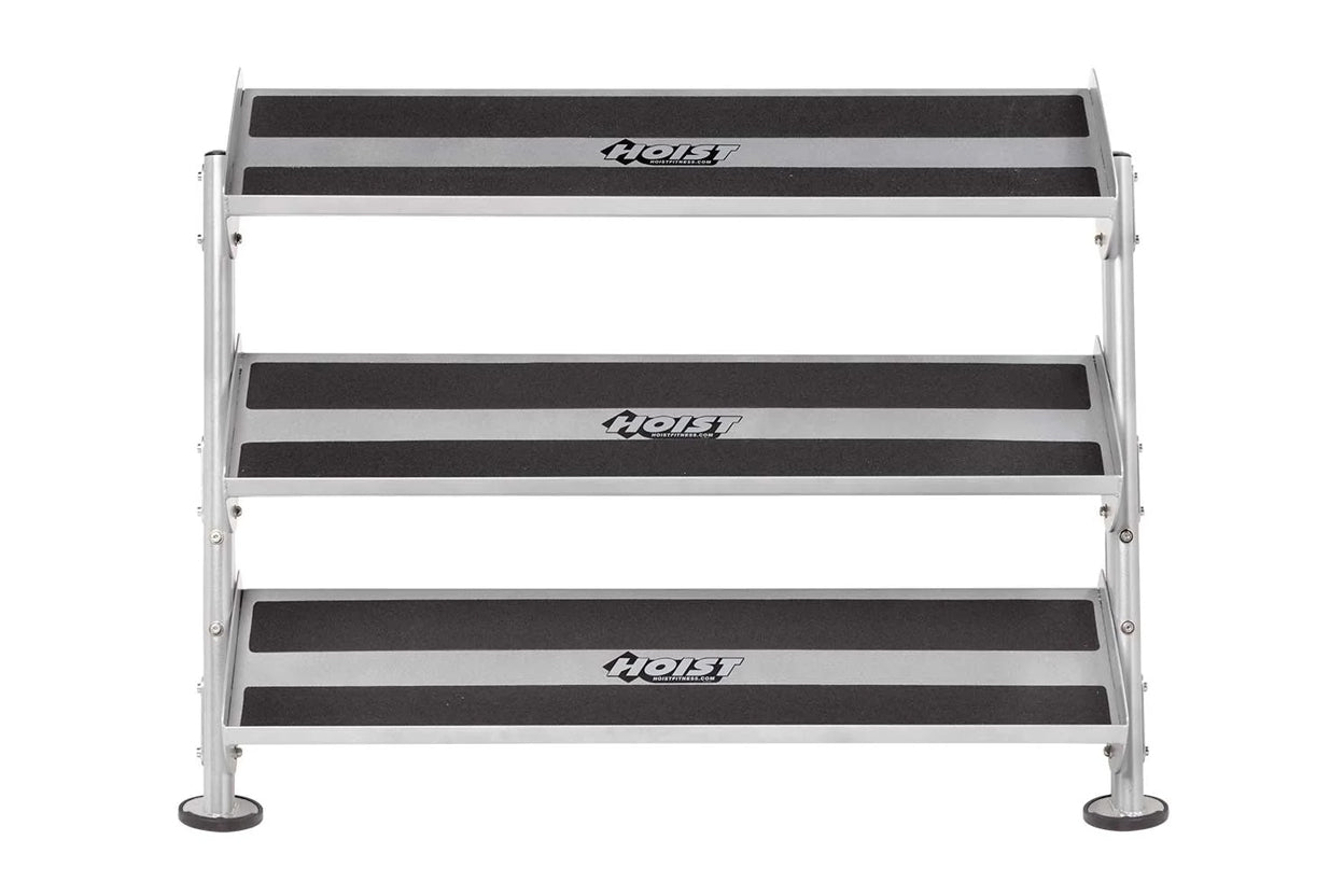 Hoist 48-inch 3-tier dumbbell rack with silver aluminum frame and black non-slip steps on white background