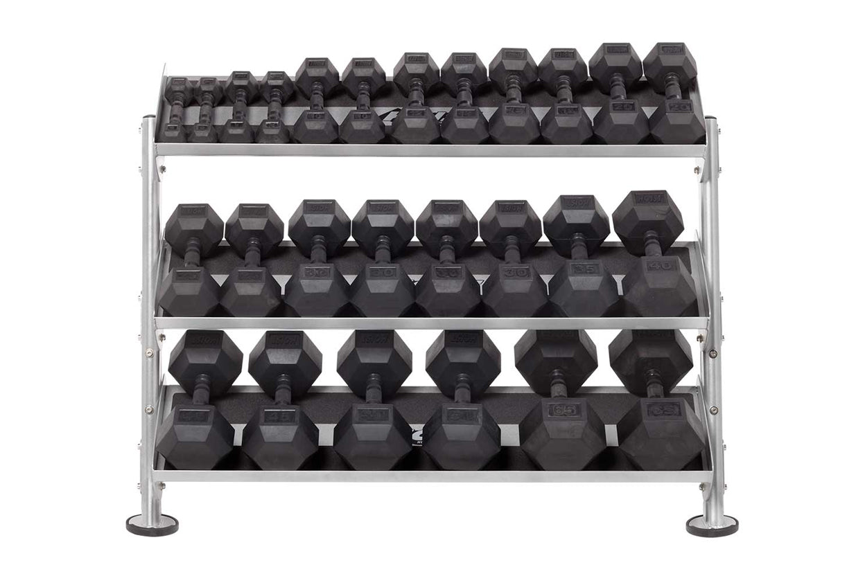Four-tier chrome and gray dumbbell rack holding multiple pairs of black hexagonal dumbbells, displayed on white background