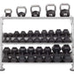 Silver and black dumbbell rack with four tiers holding black kettlebells (4, 8, 12, 16, 20 pounds) on top and multiple hexago