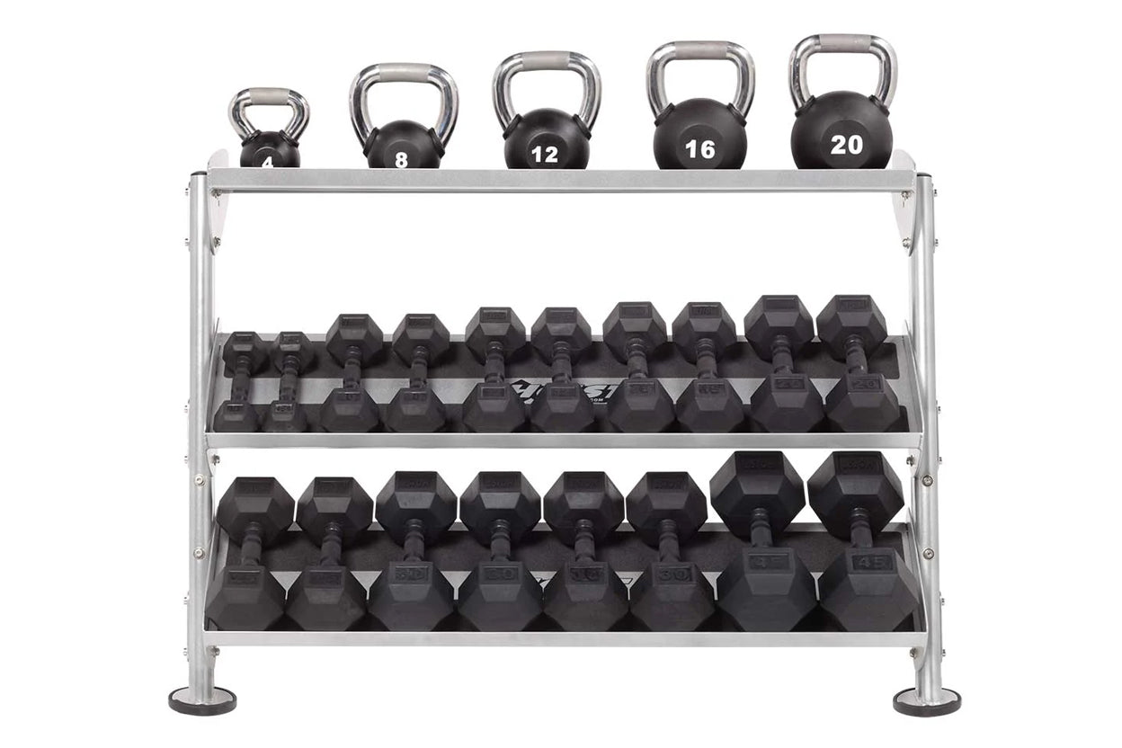 Silver and black dumbbell rack with four tiers holding black kettlebells (4, 8, 12, 16, 20 pounds) on top and multiple hexago