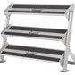 Hoist 48-inch 3-tier dumbbell rack with silver aluminum frame and black grip steps, on white background