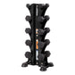 Black vertical dumbbell tower rack with five tiers holding hexagonal dumbbells, featuring central post with branding and rubb