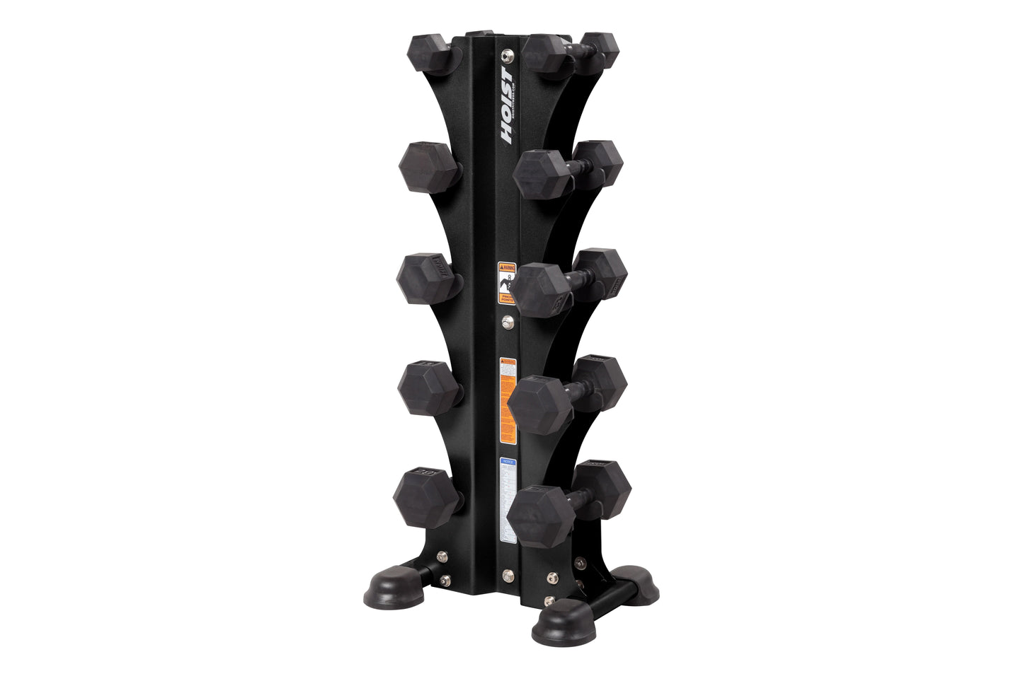 Black vertical dumbbell tower rack with five tiers holding hexagonal dumbbells, featuring central post with branding and rubb