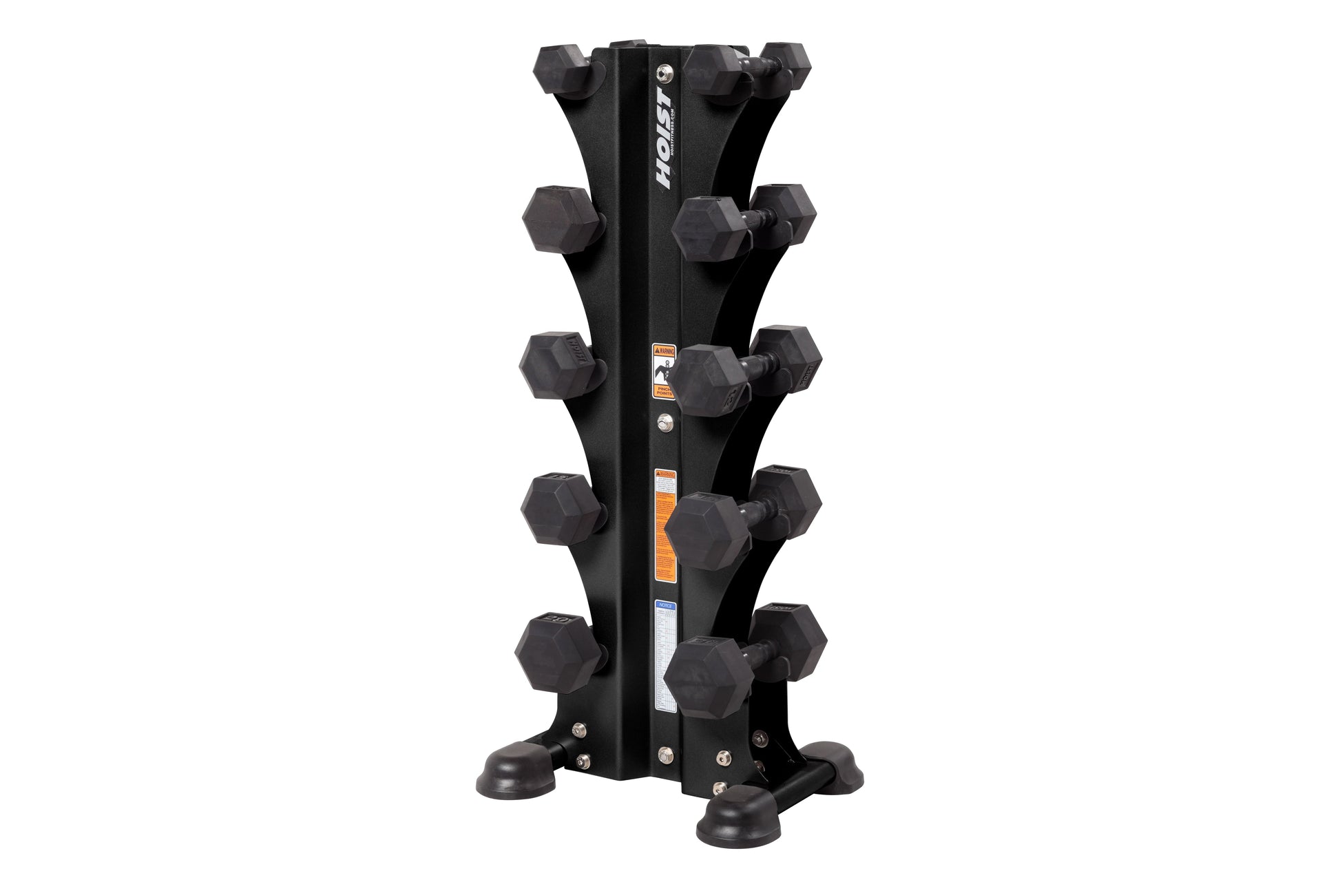 Black vertical dumbbell tower rack with five tiers holding hexagonal dumbbells, featuring central post with branding and rubb