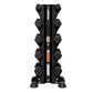 Black vertical dumbbell tower rack with five pairs of hexagonal dumbbells, Hoist branding, and safety labels on white backgro