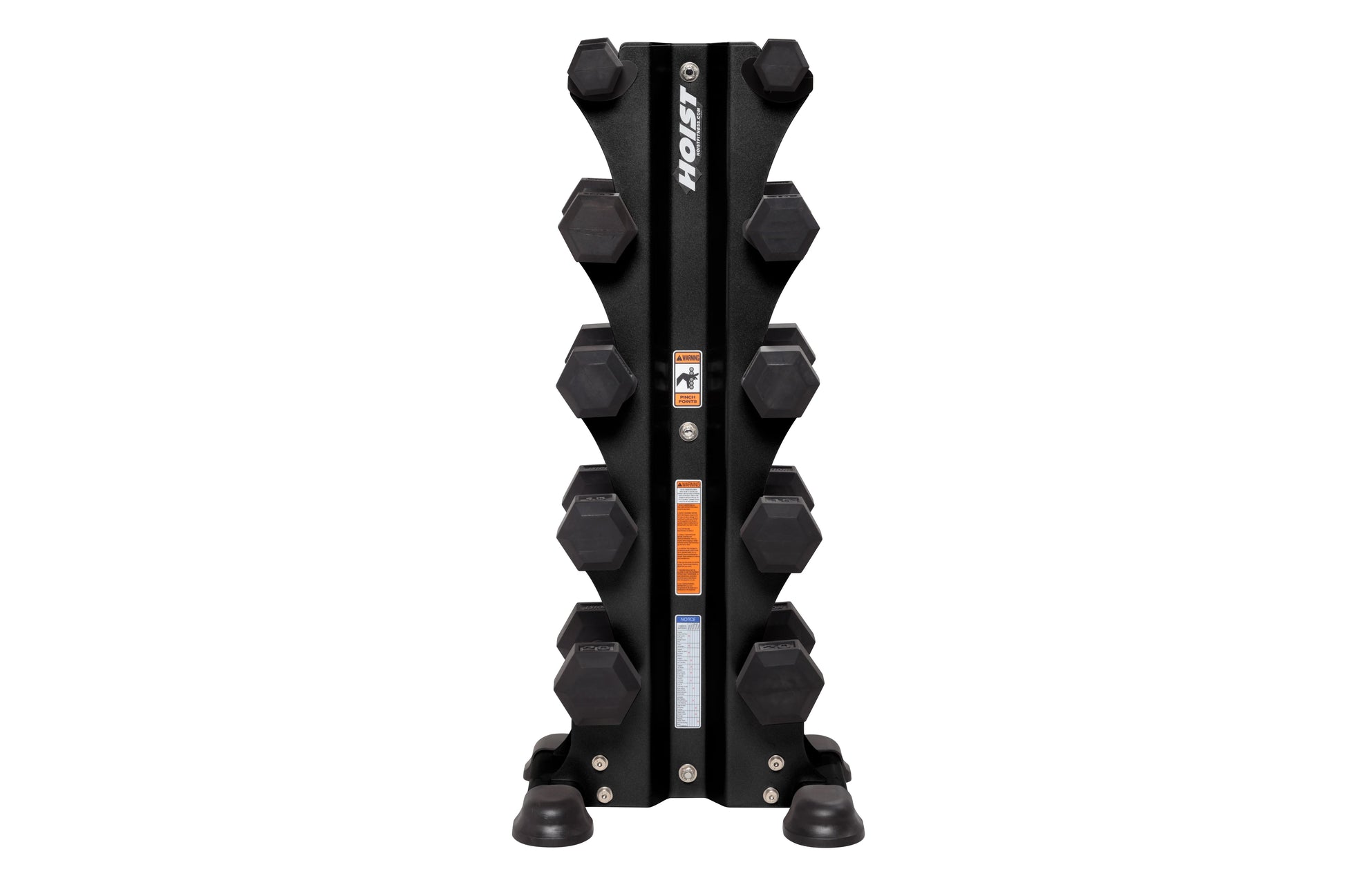 Black vertical dumbbell tower rack with five pairs of hexagonal dumbbells, Hoist branding, and safety labels on white backgro