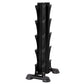 Black vertical dumbbell tower rack with five tiered storage shelves and rubber feet on white background