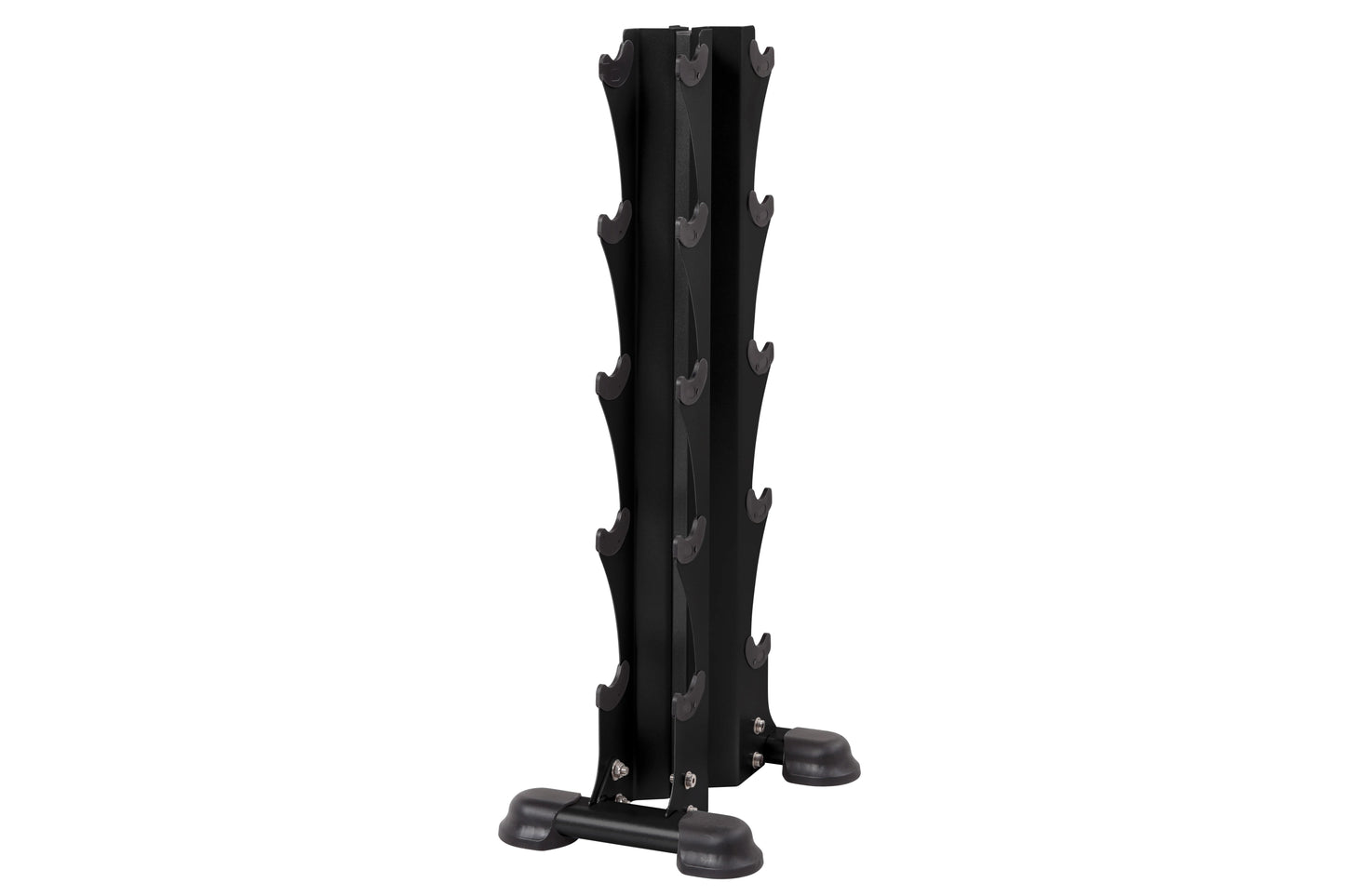 Black vertical dumbbell tower rack with five tiered storage shelves and rubber feet on white background