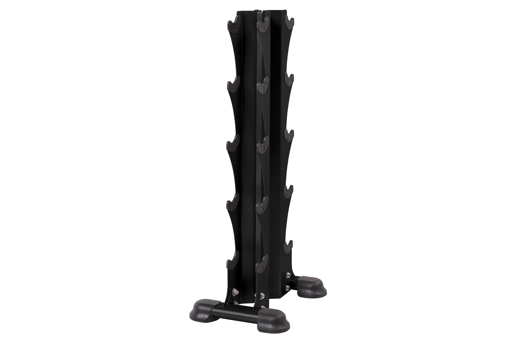 Black vertical dumbbell tower rack with five tiered storage shelves and rubber feet on white background