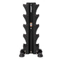 Black vertical dumbbell tower rack with five curved shelves on each side, central support column with Hoist branding, and rub