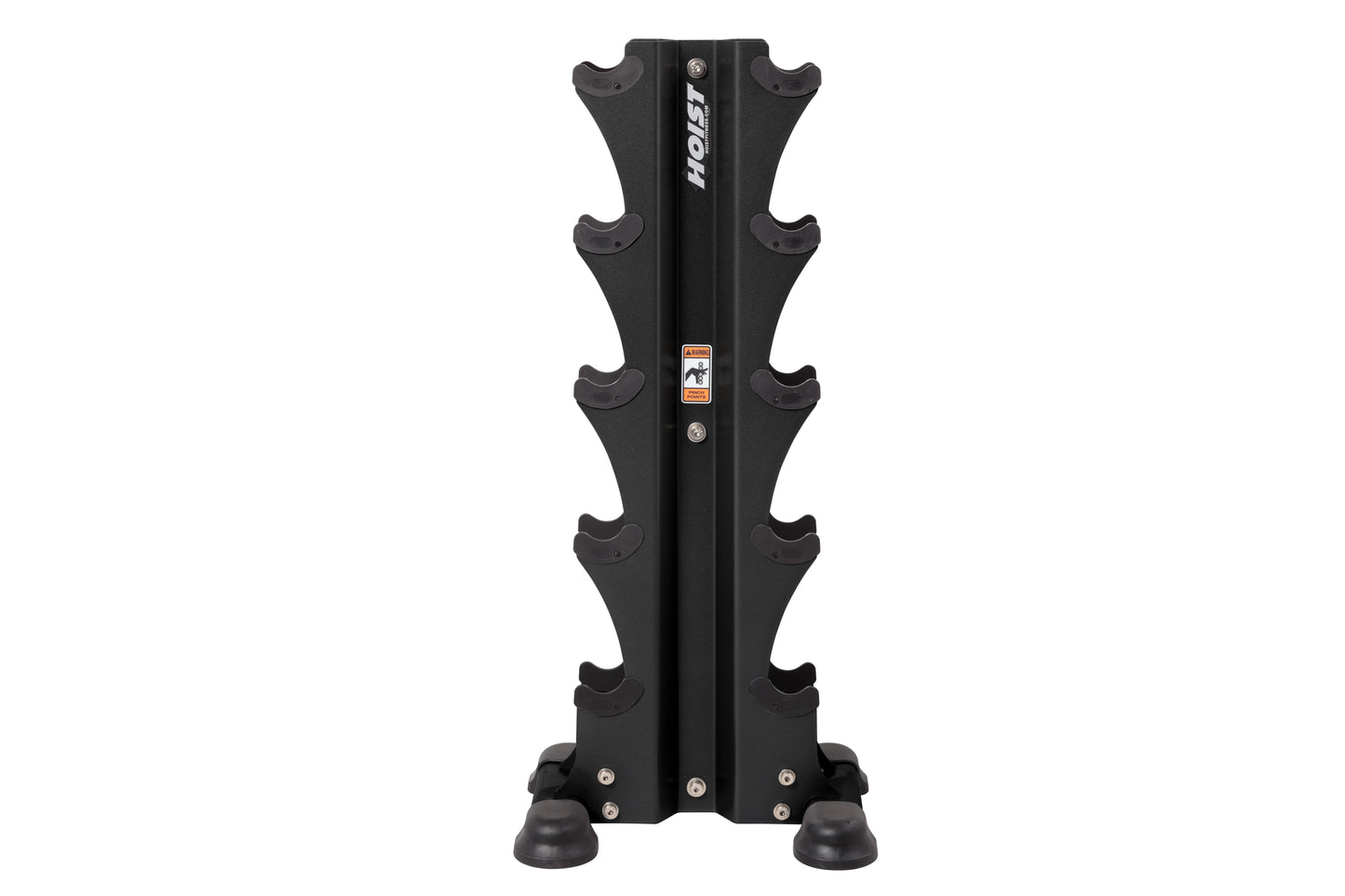 Black vertical dumbbell tower rack with five curved shelves on each side, central support column with Hoist branding, and rub