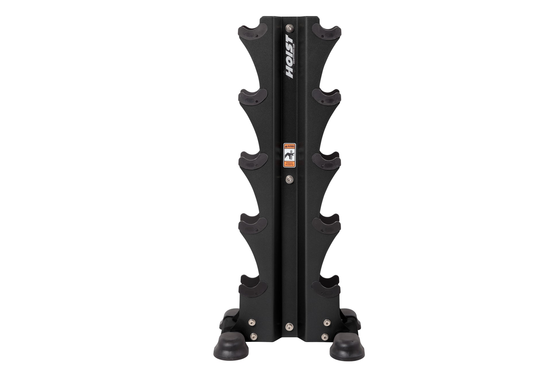 Black vertical dumbbell tower rack with five curved shelves on each side, central support column with Hoist branding, and rub