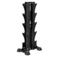 Black vertical dumbbell tower rack with five tiered curved shelves and rubber base feet, on white background