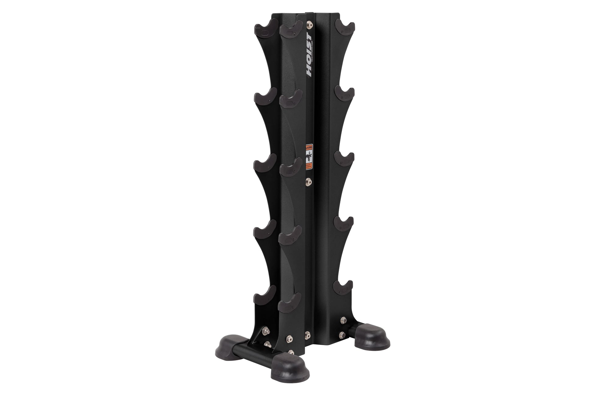 Black vertical dumbbell tower rack with five tiered curved shelves and rubber base feet, on white background